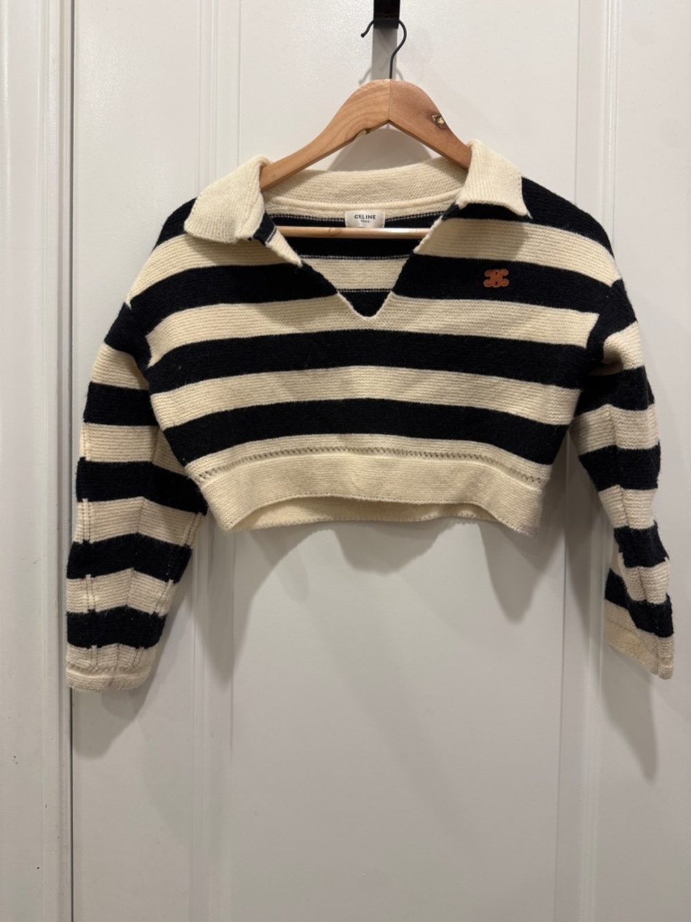 Celine Black & Cream Striped Cropped Polo Sweater - Some Discoloration - Picture 5 of 12